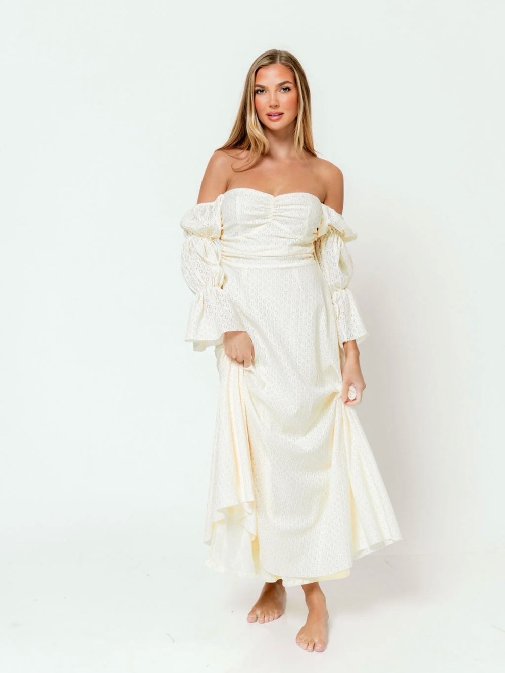 NEW Worth Collective Corrine Tiered Sleeve Maxi Dress in Ivory Cream